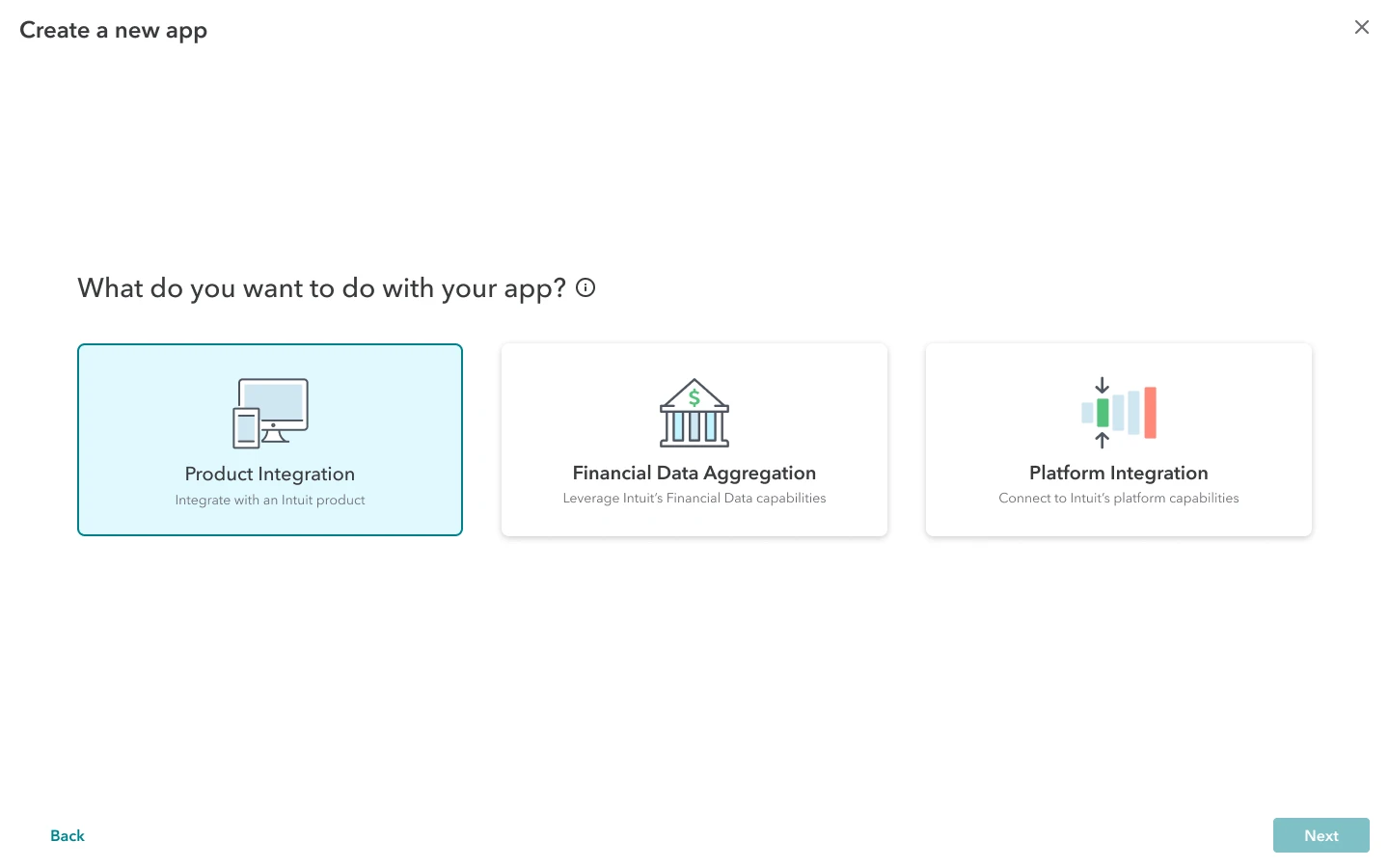 Choosing an app type: product integration, financial data aggregation or platform integration, each with an icon