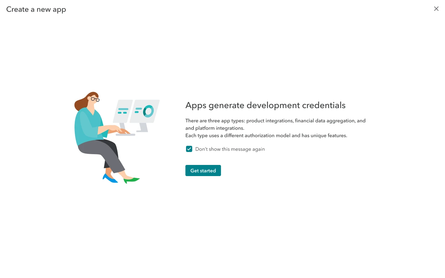 Create a new app: a teal illustration explains that apps generate development credentials