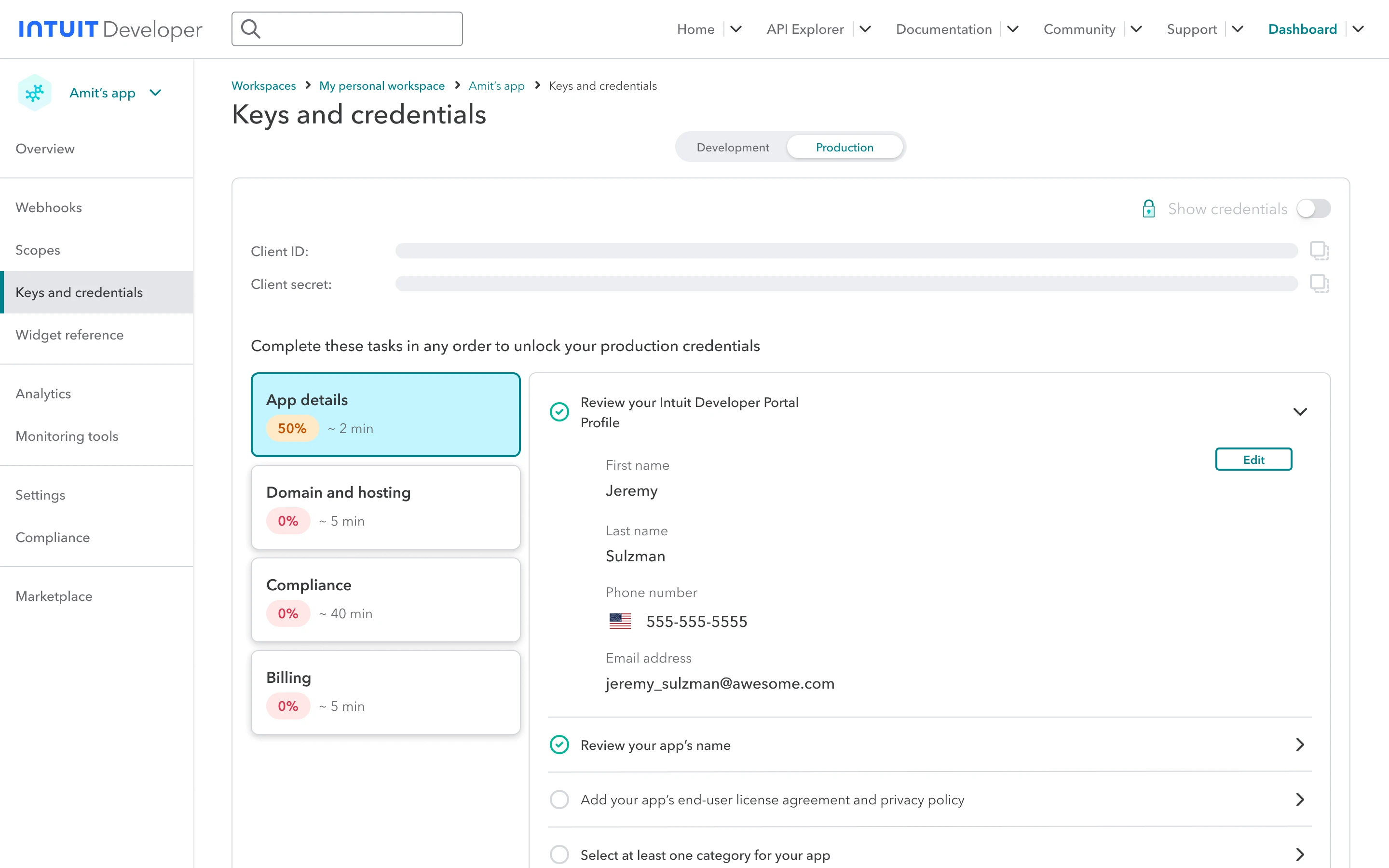 Keys and credentials: go-live tasks as cards with progress chips, in Agave teal