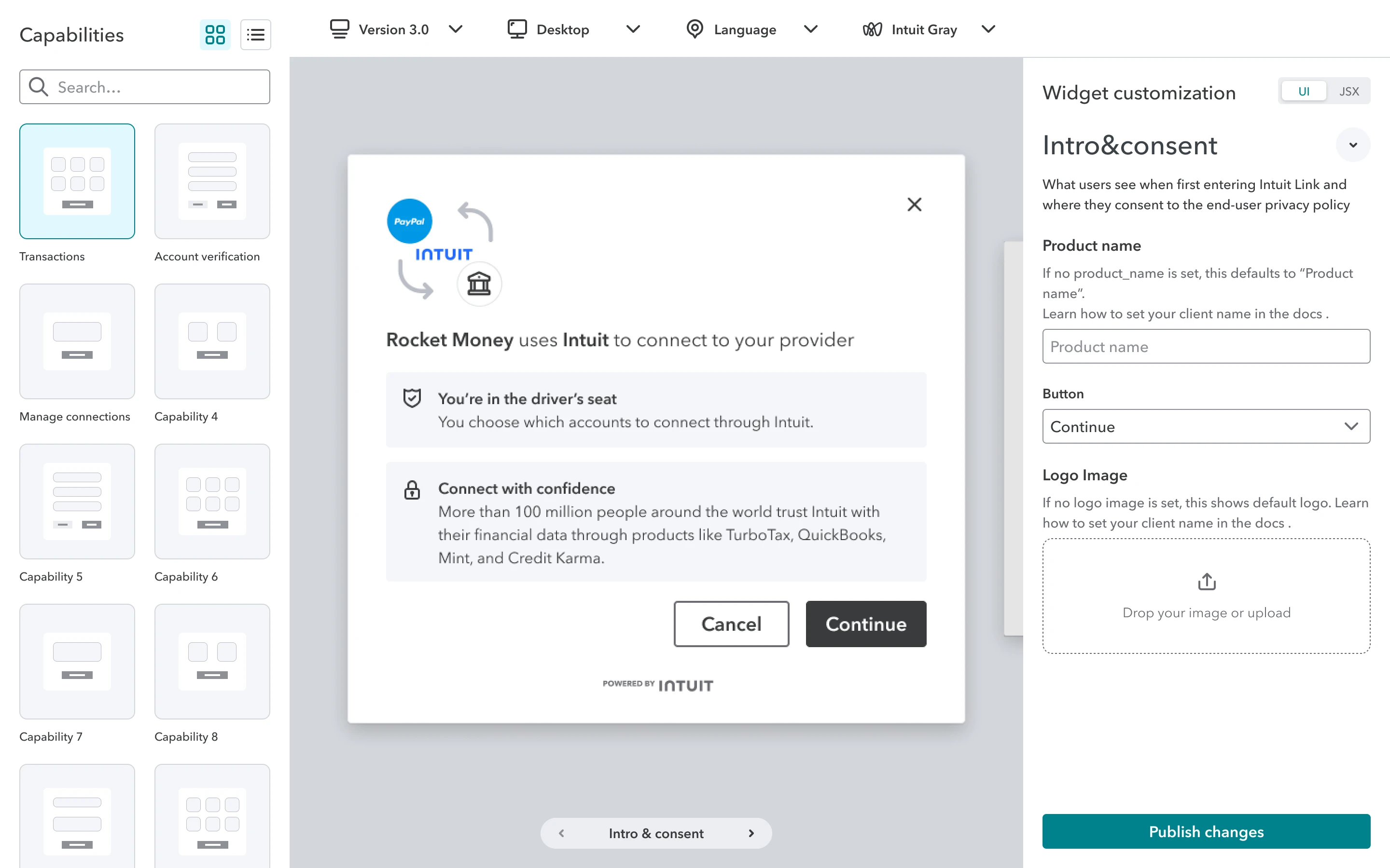 Widget explorer: capabilities, a live widget preview and a customization panel