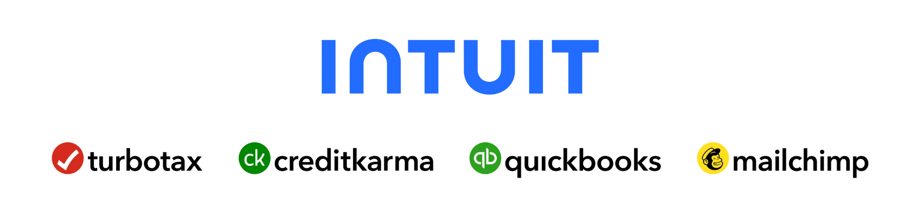 The Intuit cornerstone brand lockup: TurboTax, Credit Karma, QuickBooks and Mailchimp, each with its own color