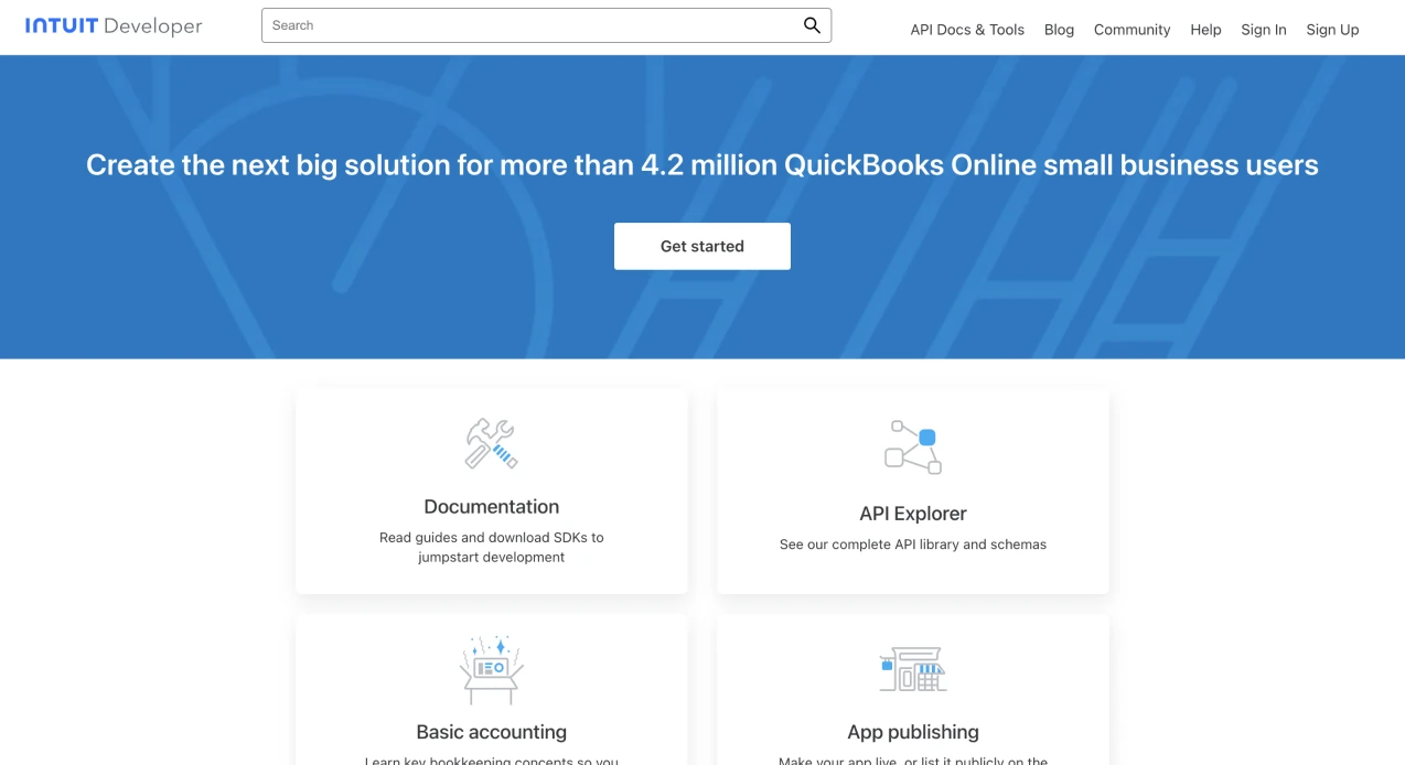 The old external developer portal: a blue banner and four plain cards