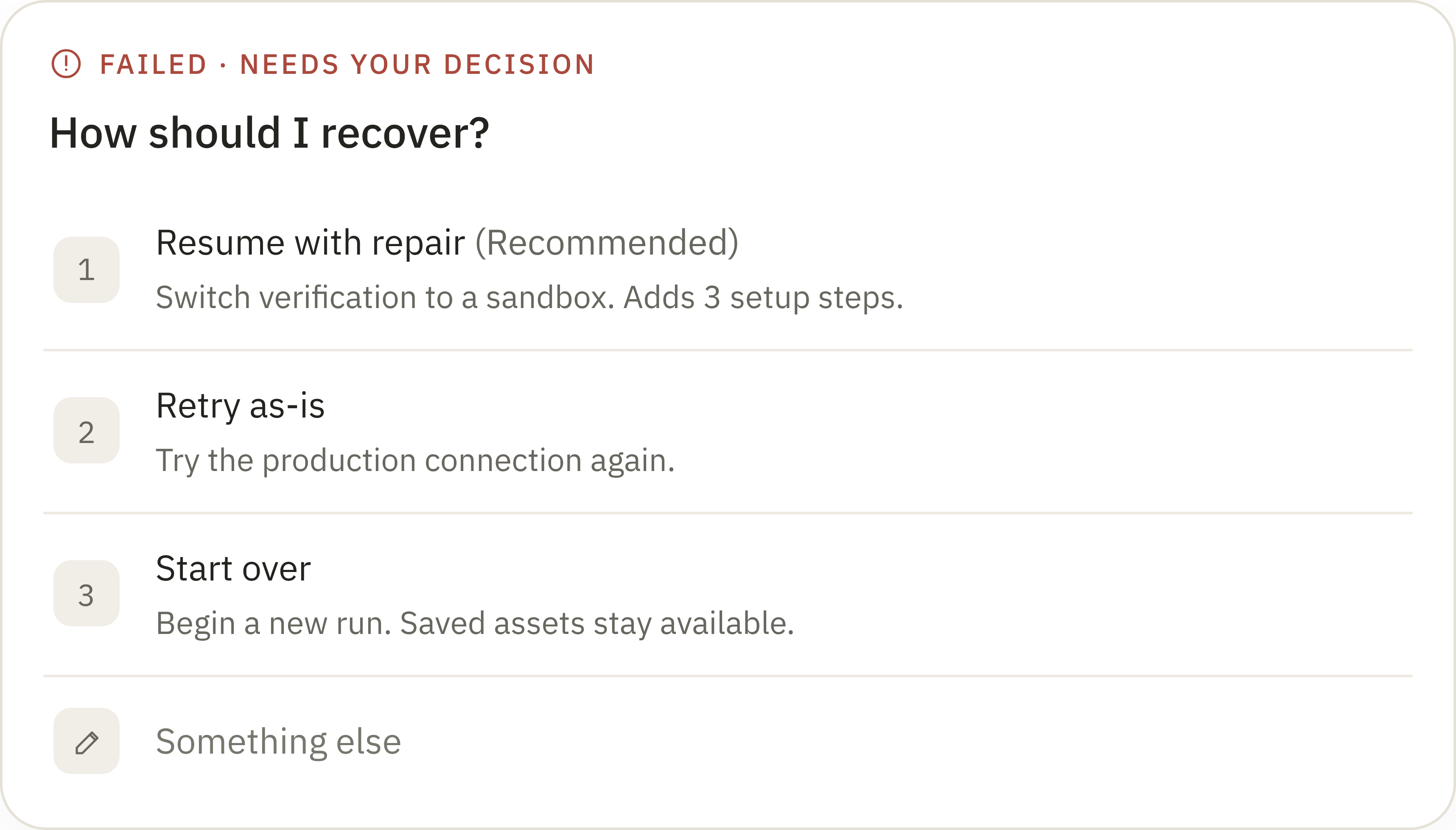 After: the failure actions above the input box