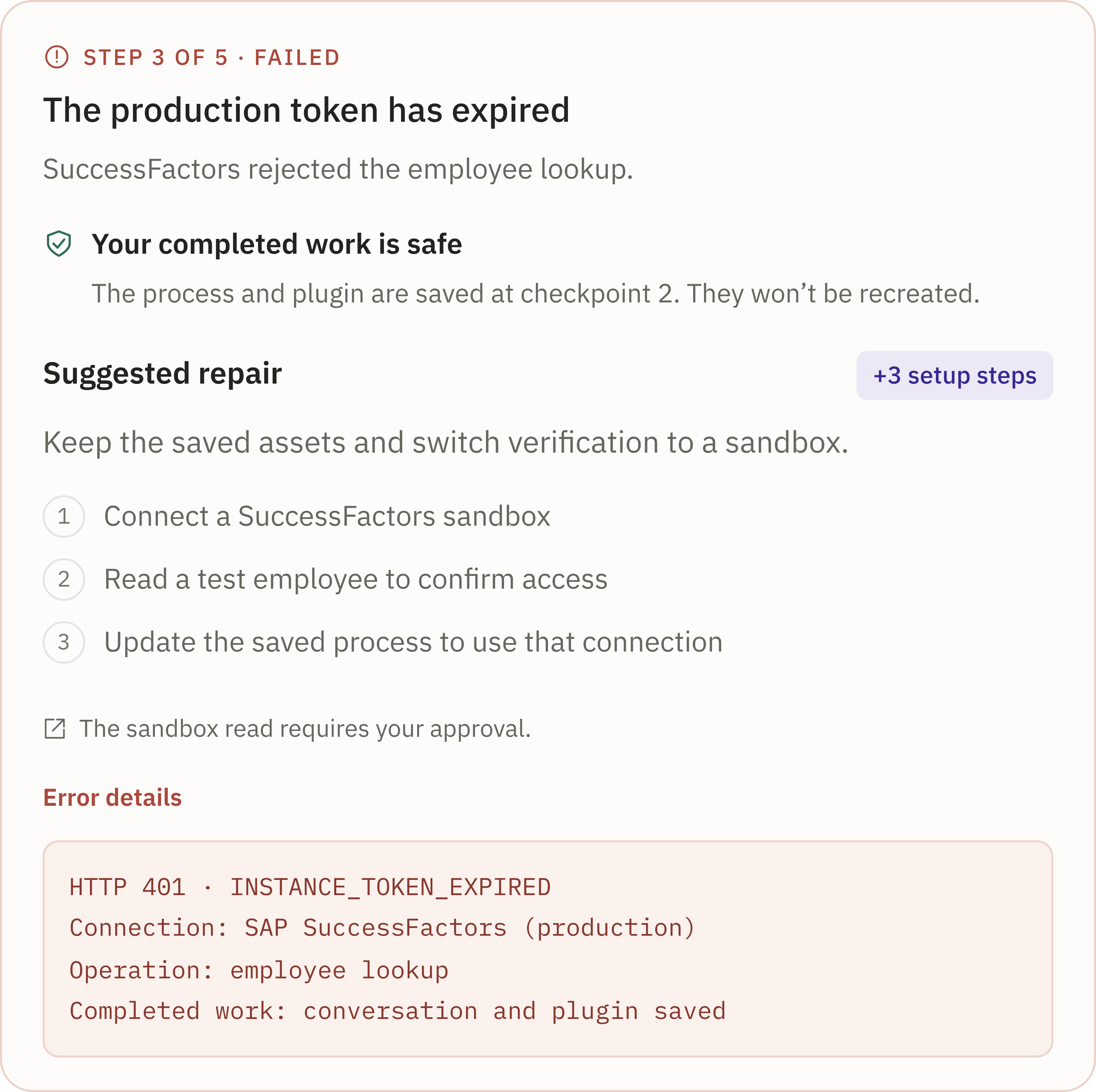 After: the quiet failure card in the chat