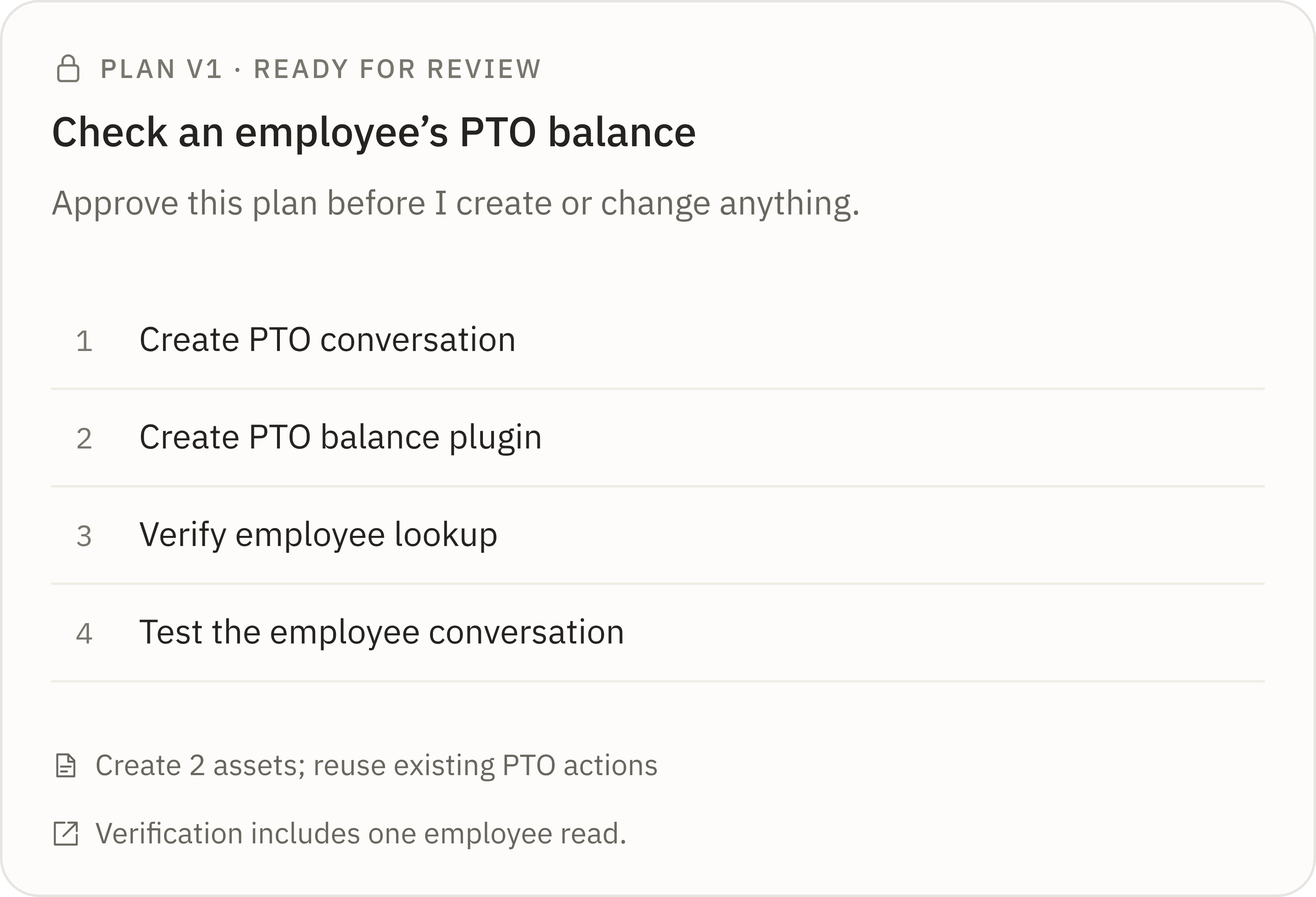 After: the quiet plan review card in the chat