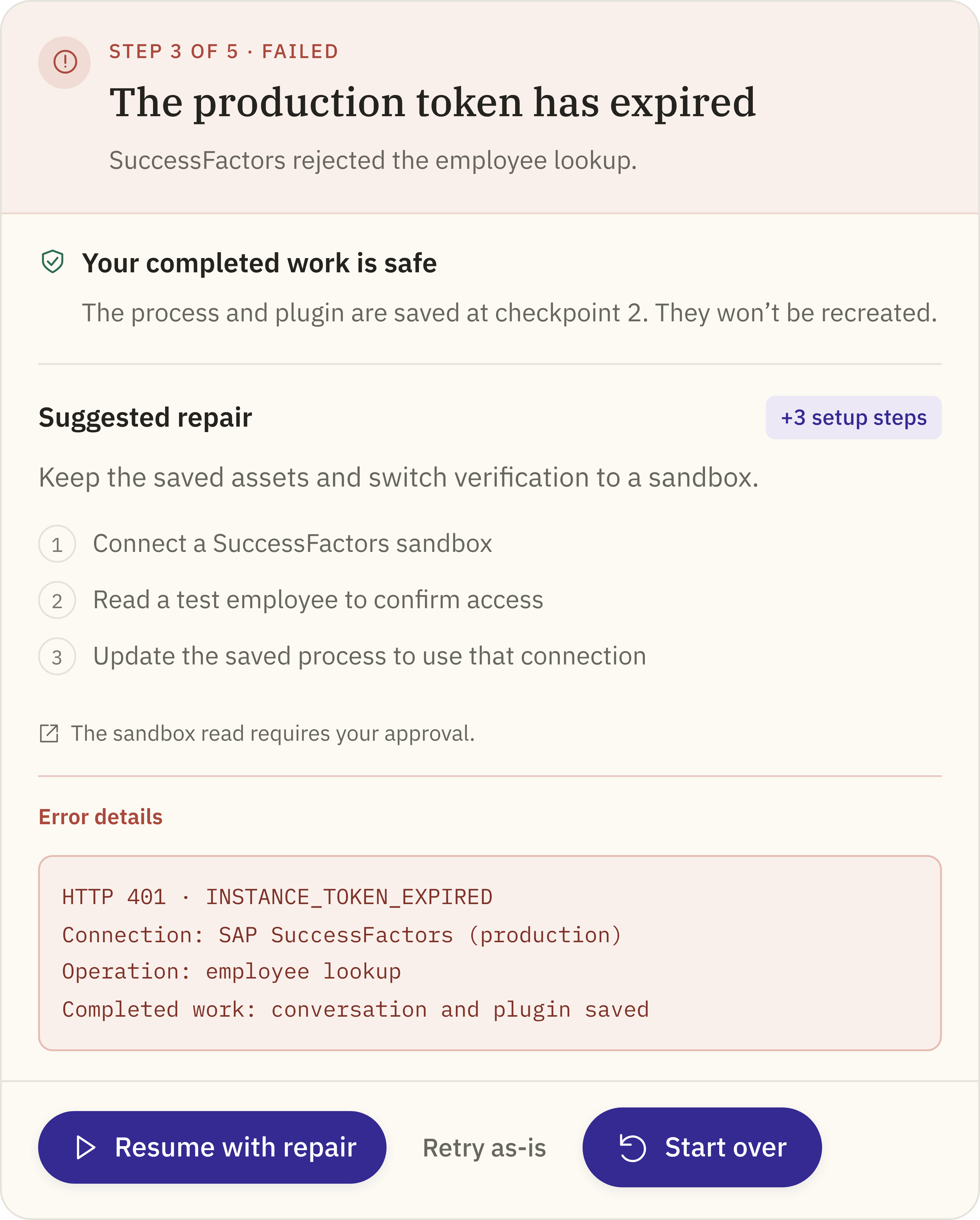 Before: the full failure card in the chat