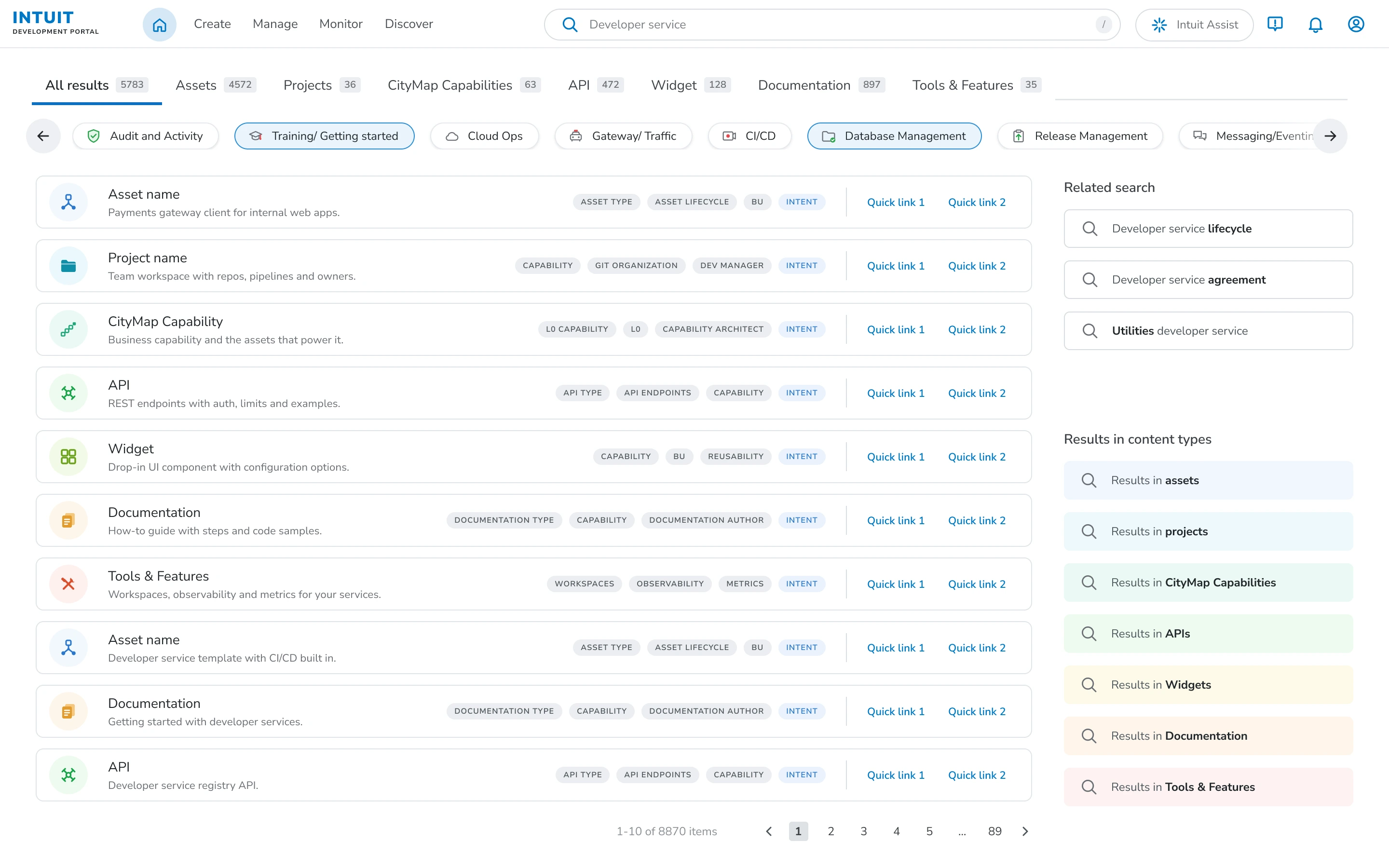 Before, round 2: a row of intent chips sits under the type tabs, above results that each carry an intent tag