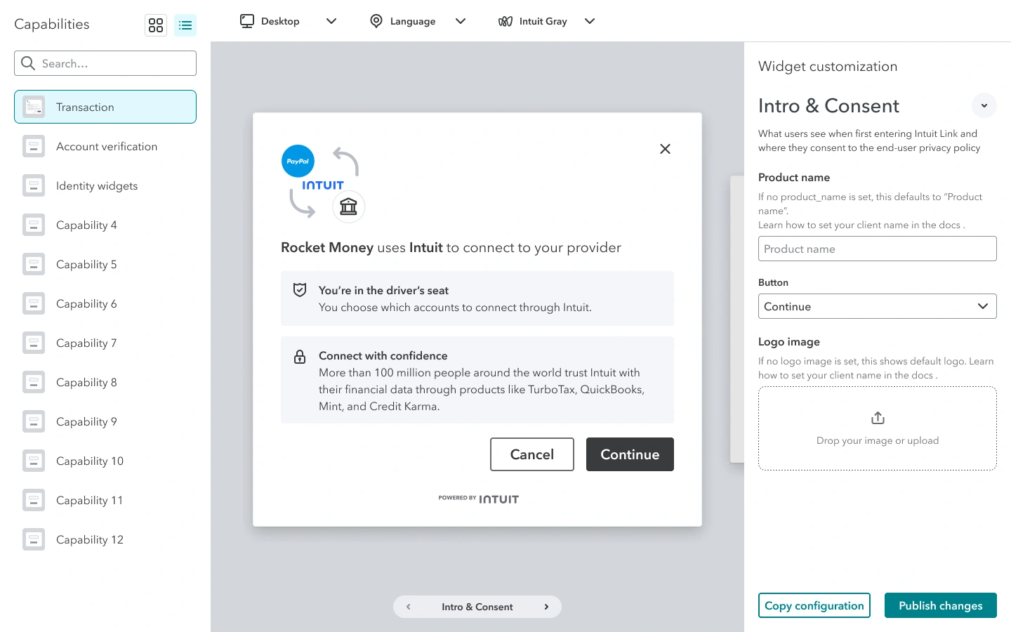 High-fidelity widget explorer: products listed by name with Transaction selected, a live Intro and consent preview, and the customization panel with a teal Publish changes button