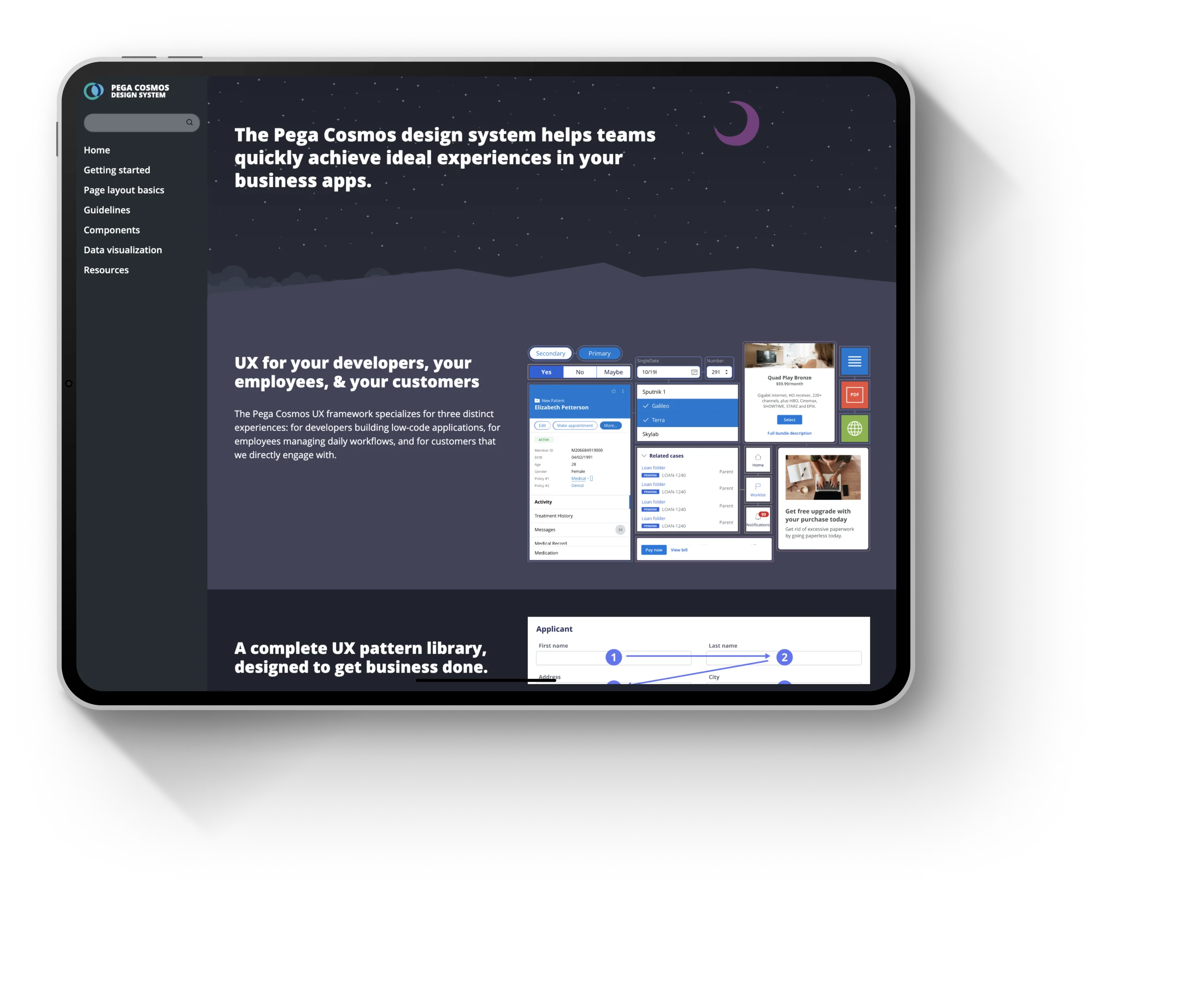 Pega Cosmos design system site on a tablet