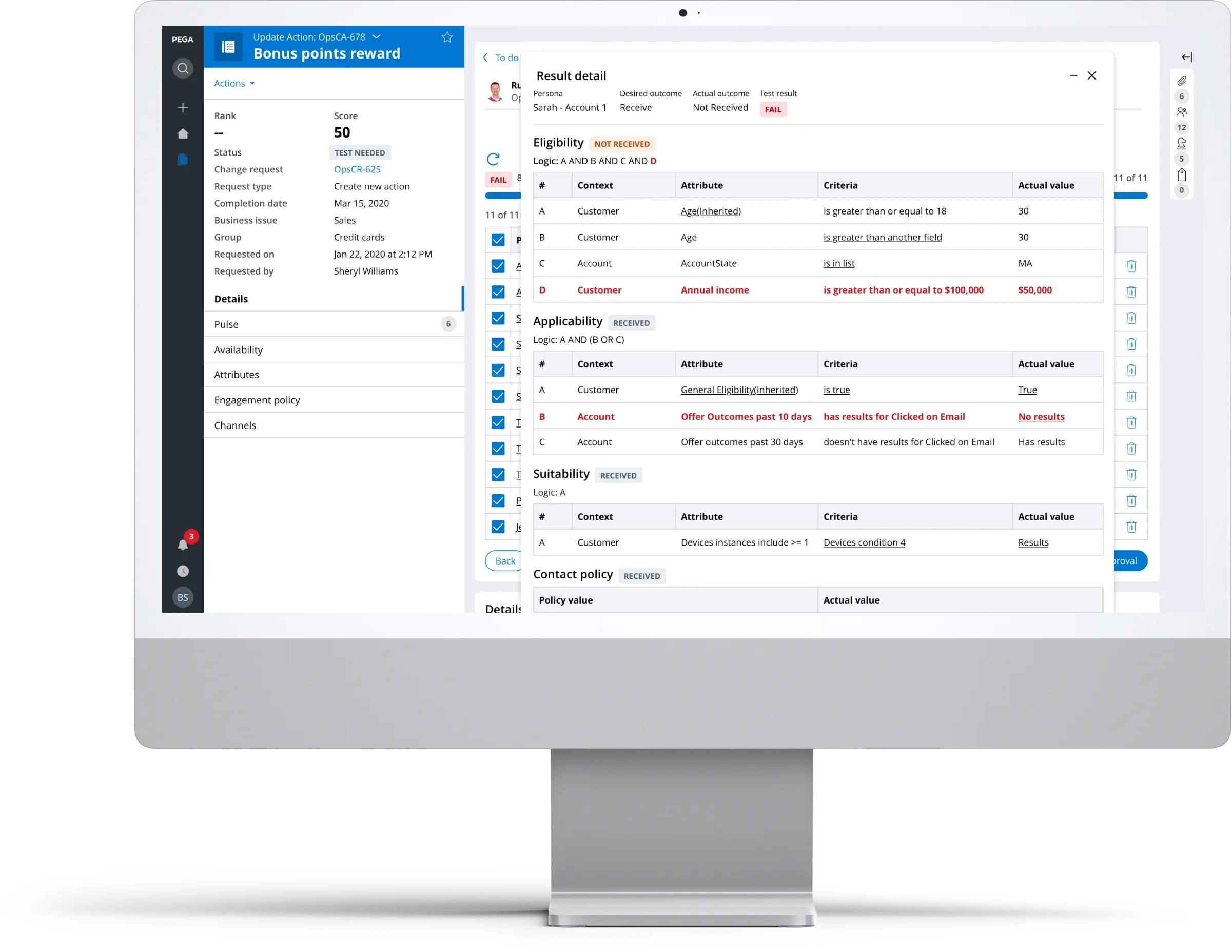 Pega 1:1 Operations Manager on a desktop monitor, showing engagement policy test results