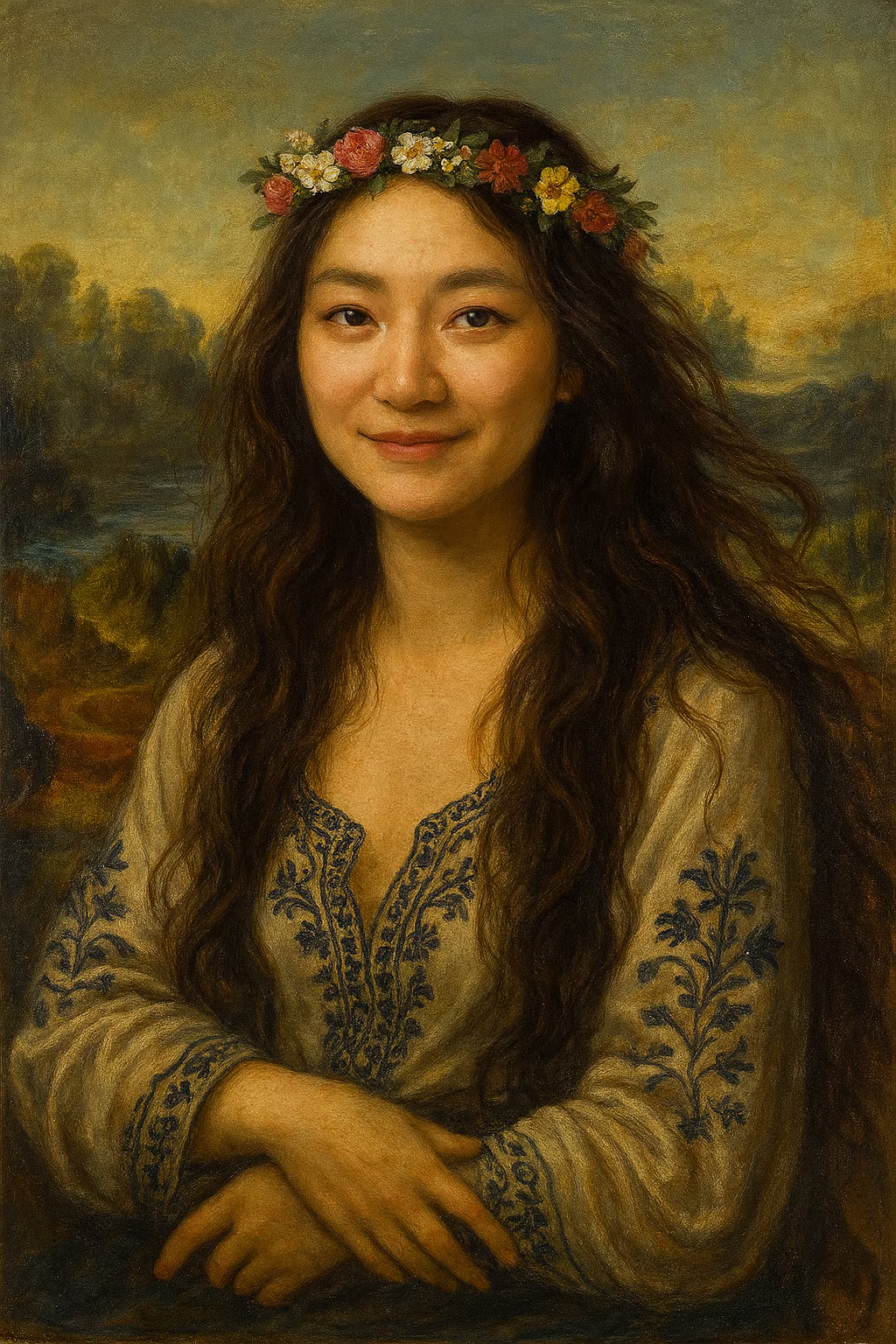 Portrait of Muyi Tao painted in the style of the Mona Lisa, wearing a flower crown