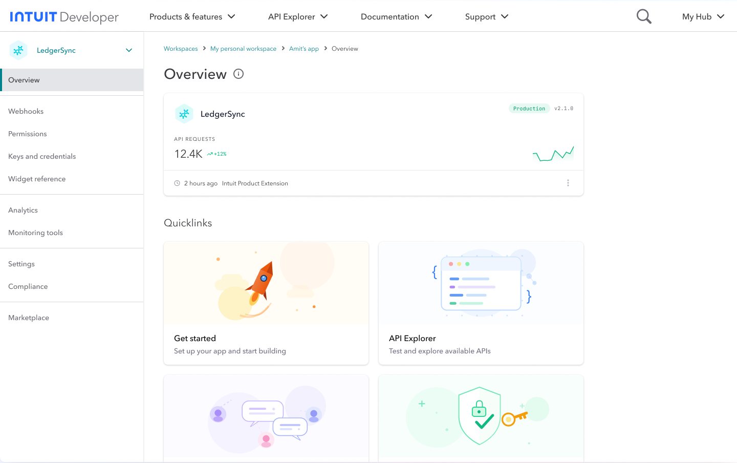 App overview dashboard with a production status tile, API request count, and quick links