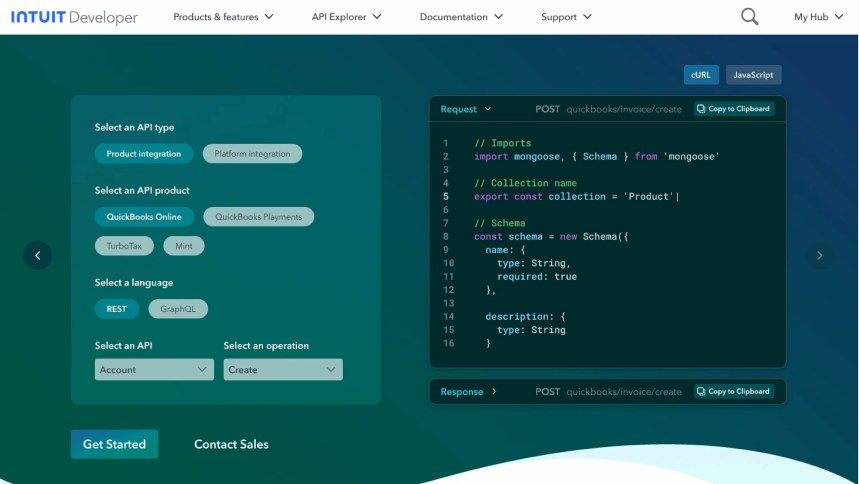 Intuit Developer API explorer with a request builder and code sample