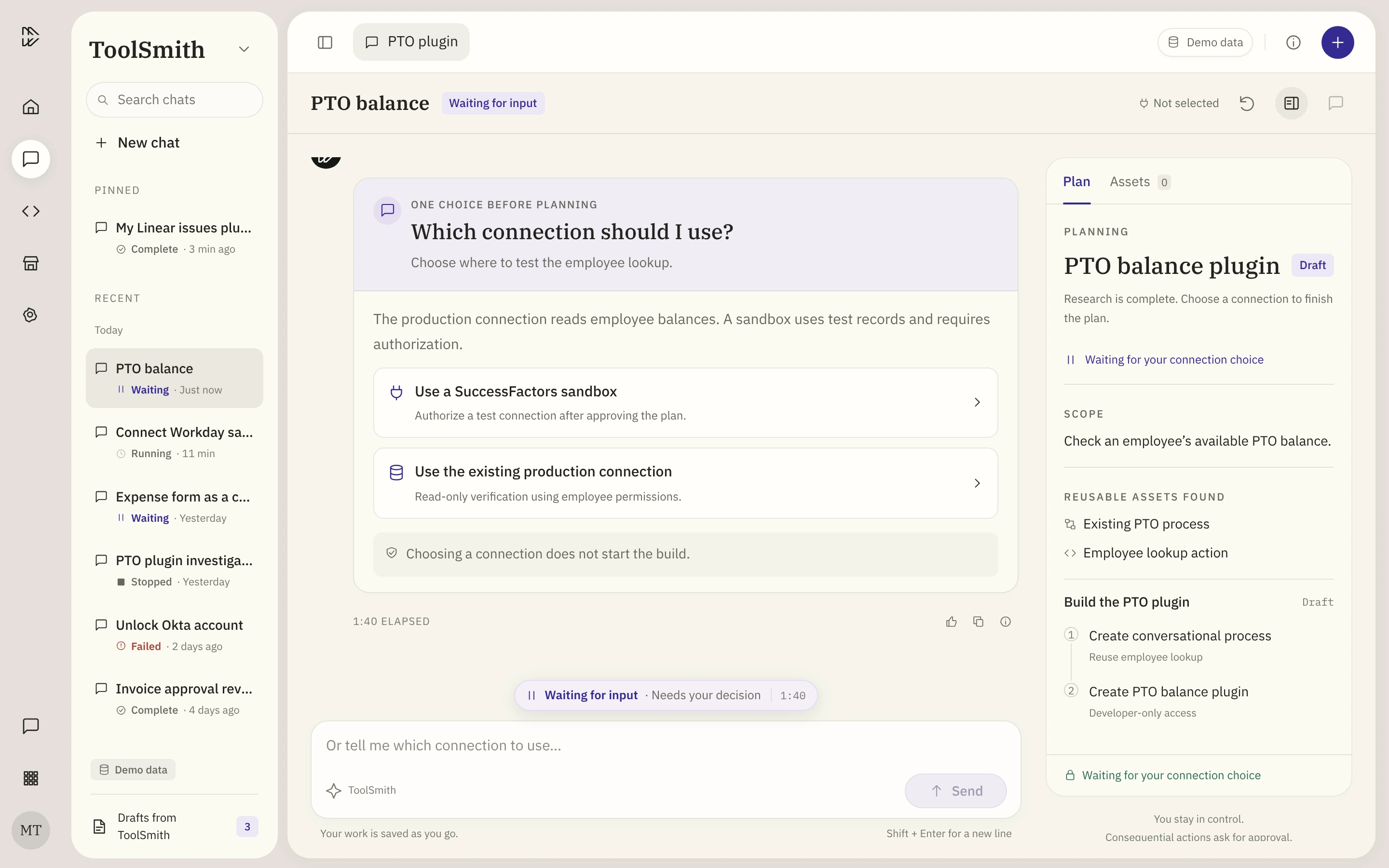 The question Which connection should I use? in a card with a tinted purple header, inside the chat