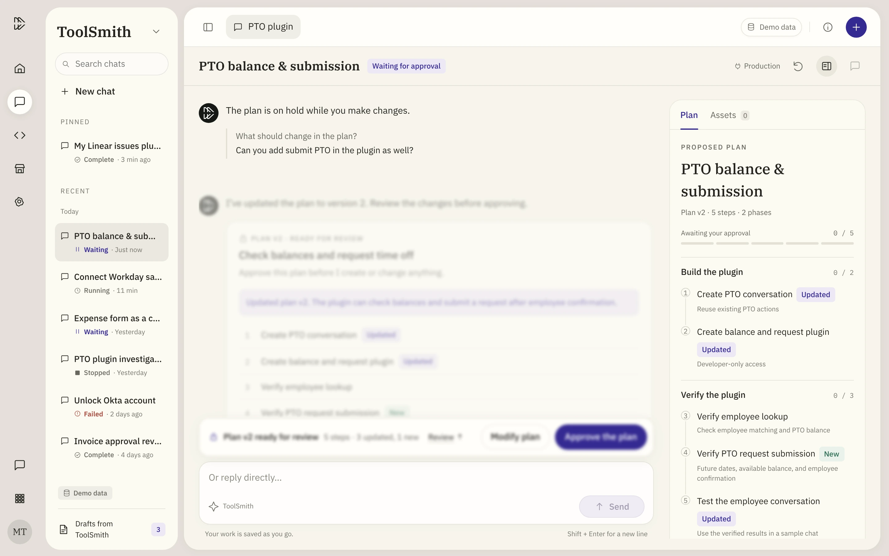 The answer “Can you add submit PTO in the plugin as well?” shown as a short quote under the question in the chat