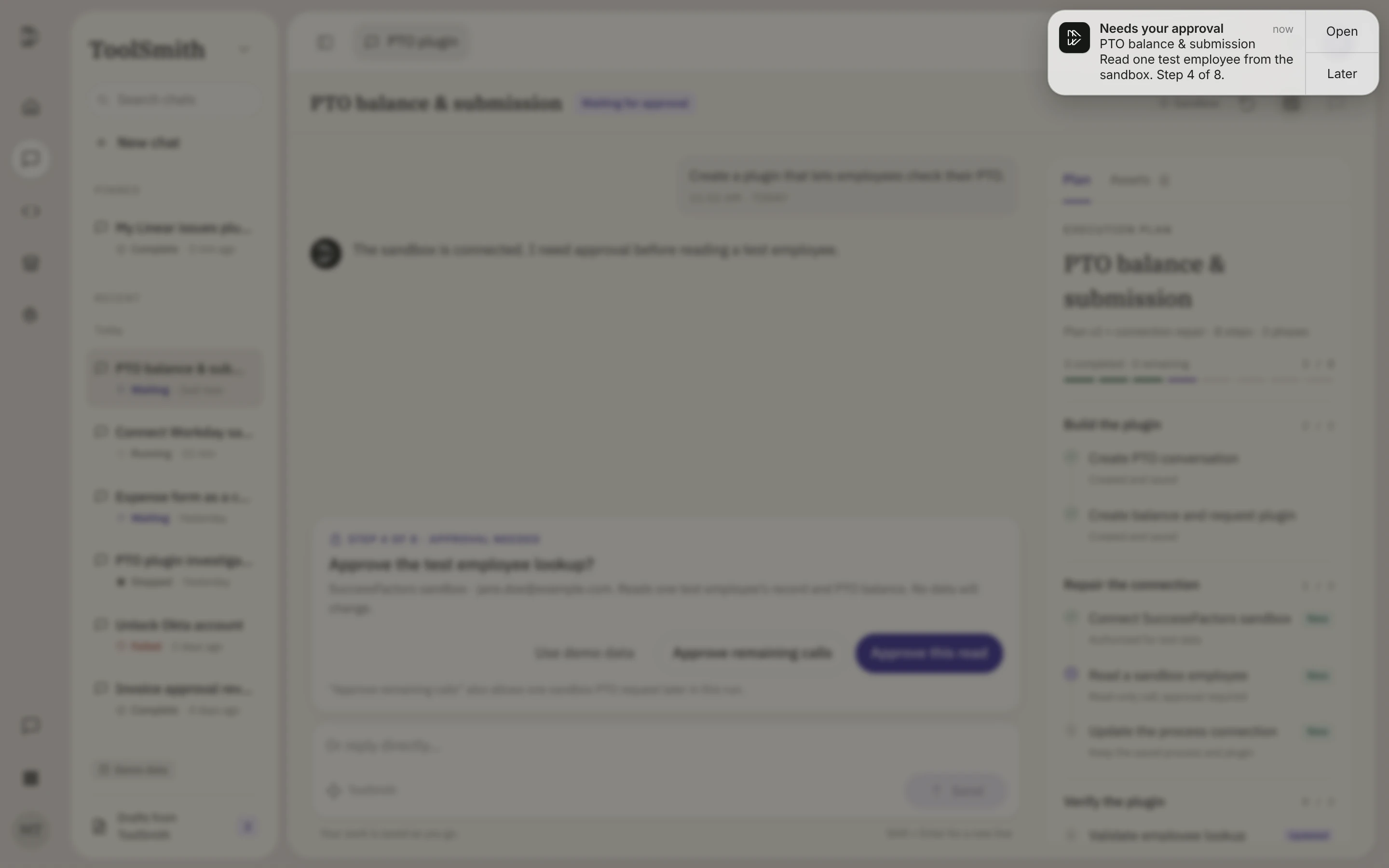 The run pauses for approval while you are away and a native Mac notification appears with Open and Later