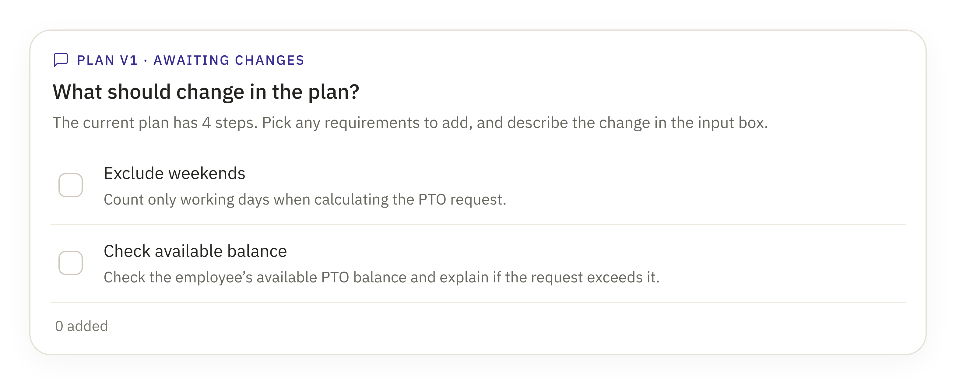 Input card: Plan changes